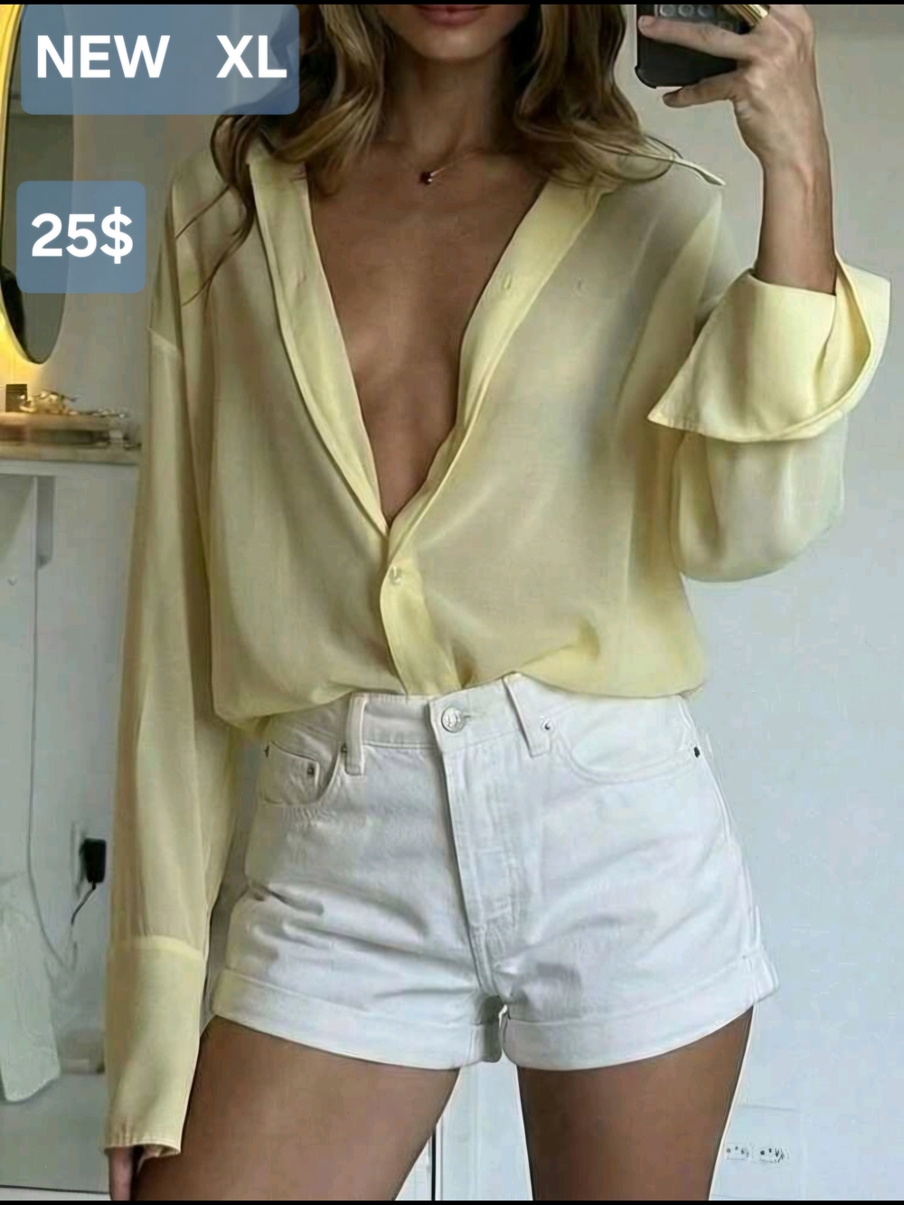 Women's Lightweight V-Neck Button Front Blouse - Pale Yellow